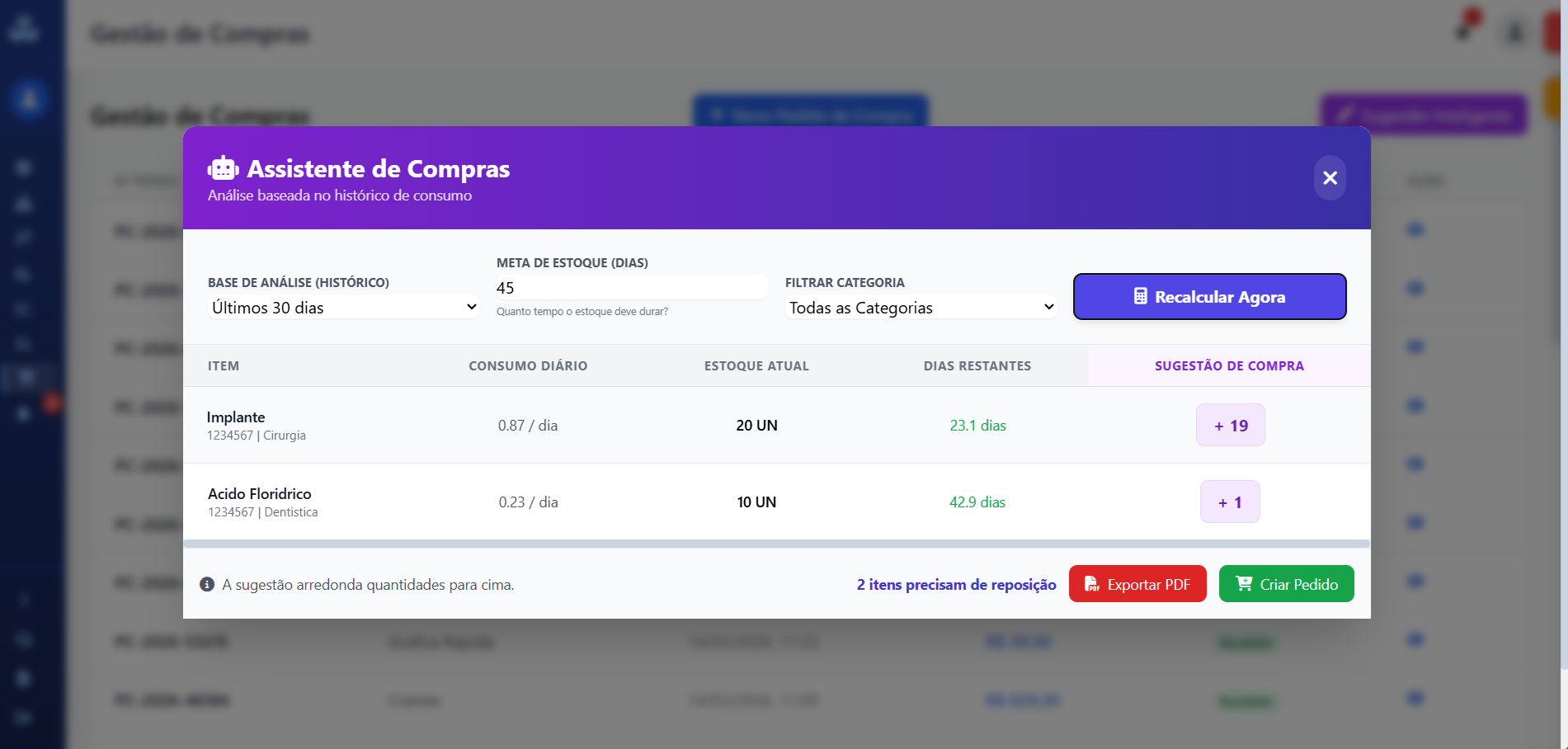 Sugestão de compra e pedidos a fornecedores no EstoquePro