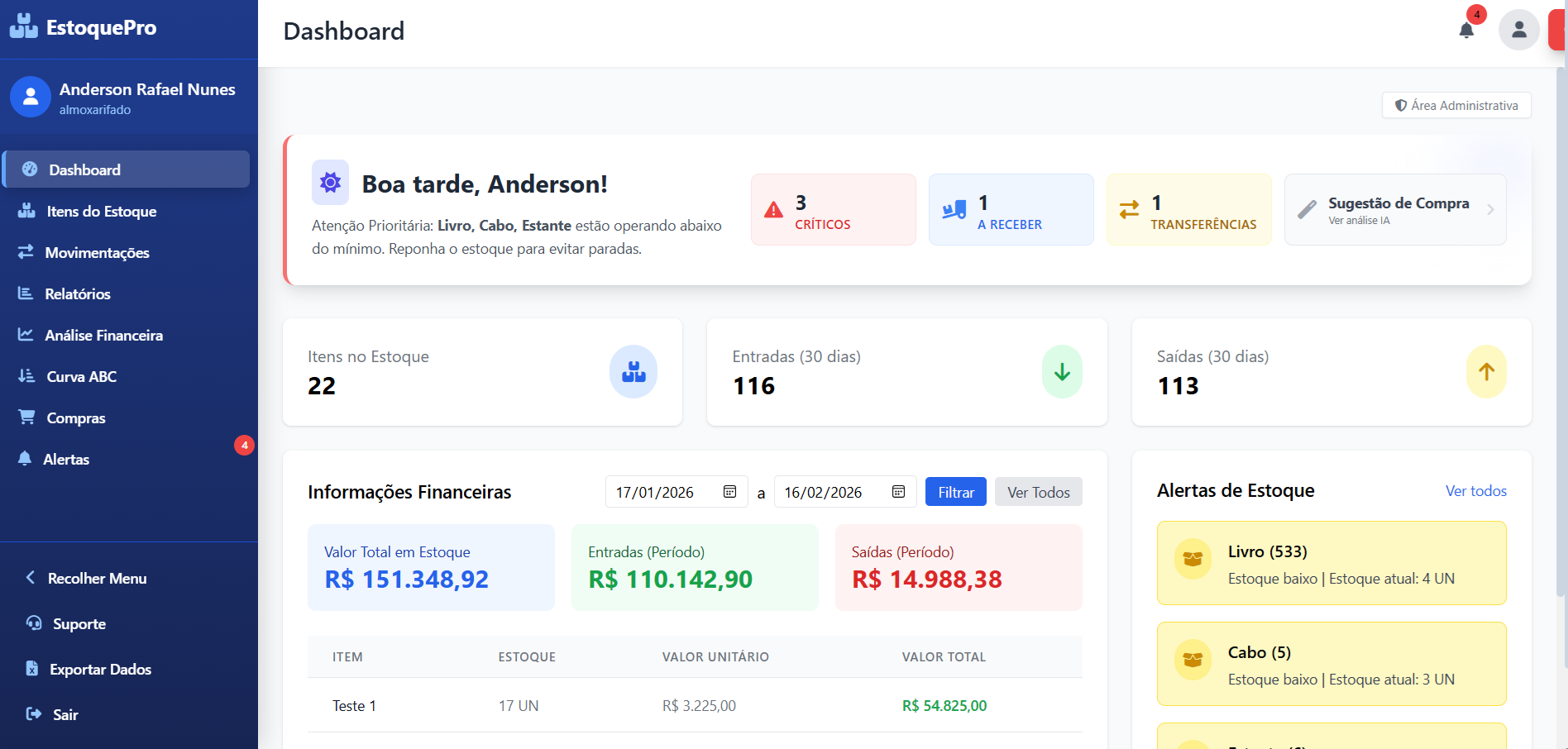 Prévia do sistema EstoquePro
