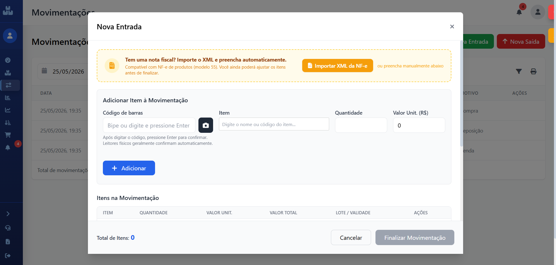 Importação de XML de nota fiscal com vínculo automático aos itens